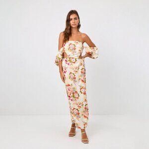 LaPorte Detachable Sleeve Linen Maxi Dress Peach Floral Size XS NEW NWT